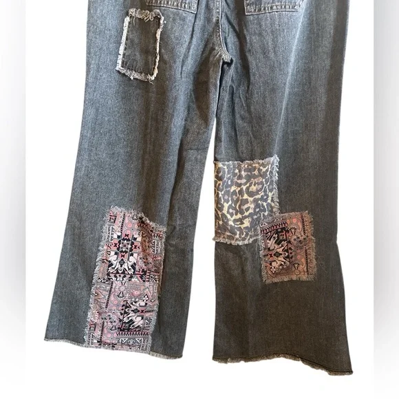 POL Studded Patch Jeans Size Large Charcoal Gray High Rise Button Fly Wide Leg - Picture 9 of 15